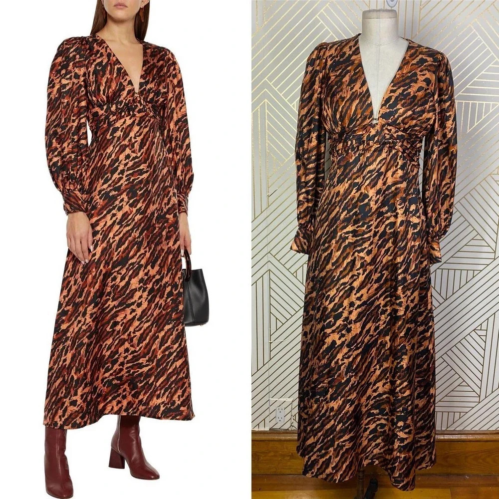 Sandro Leopard Print Silk Twill Maxi Dress Faunie Pintuck 38 US 6 Elegant Chic